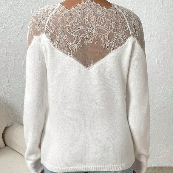 White Casual Womens Eyelash Lace Panel Raglan Sleeve Sweater - Picture 3 of 5
